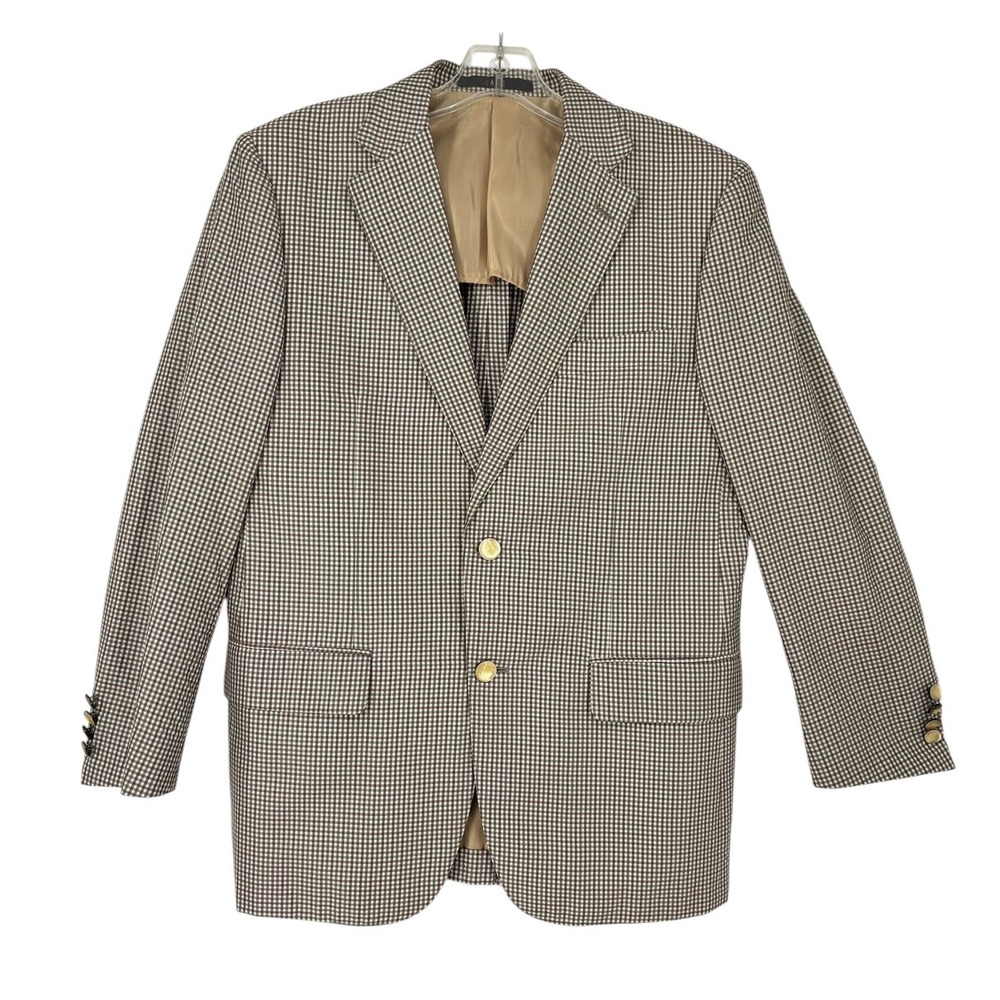 Vintage DAKS Blazer Mens 42R Gingham Check Crest Button Sport Coat 2-Button